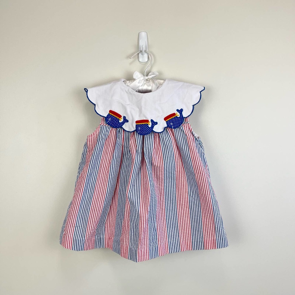 Vintage Nursery Rhyme Seersucker Whale Dress 3T